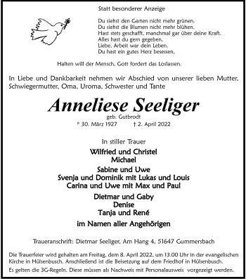 Anzeige von Anneliese Seeliger von Kölner Stadt-Anzeiger / Kölnische Rundschau / Express