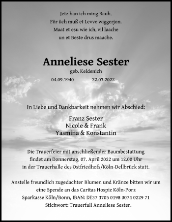 Anzeige von Anneliese Sester von Kölner Stadt-Anzeiger / Kölnische Rundschau / Express