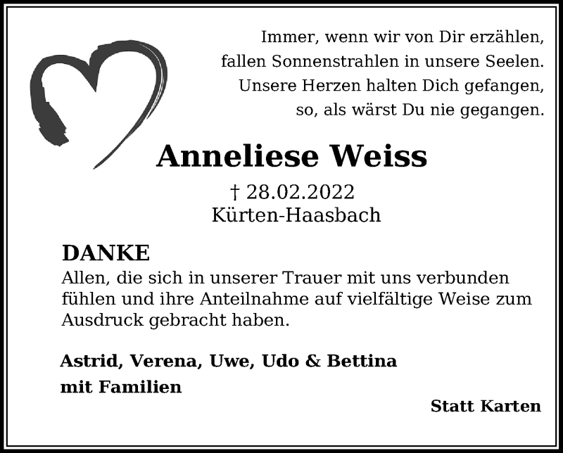  Traueranzeige für Anneliese Weiss vom 02.04.2022 aus Kölner Stadt-Anzeiger / Kölnische Rundschau / Express