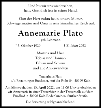 Anzeige von Annemarie Plato von Kölner Stadt-Anzeiger / Kölnische Rundschau / Express