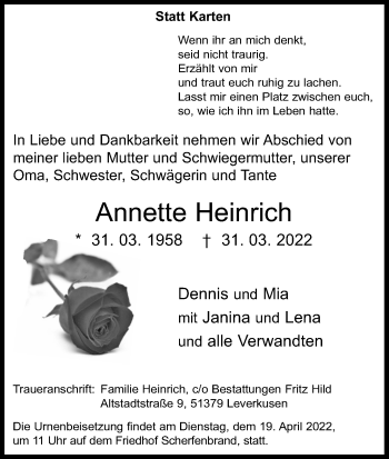 Anzeige von Annette Heinrich von Kölner Stadt-Anzeiger / Kölnische Rundschau / Express