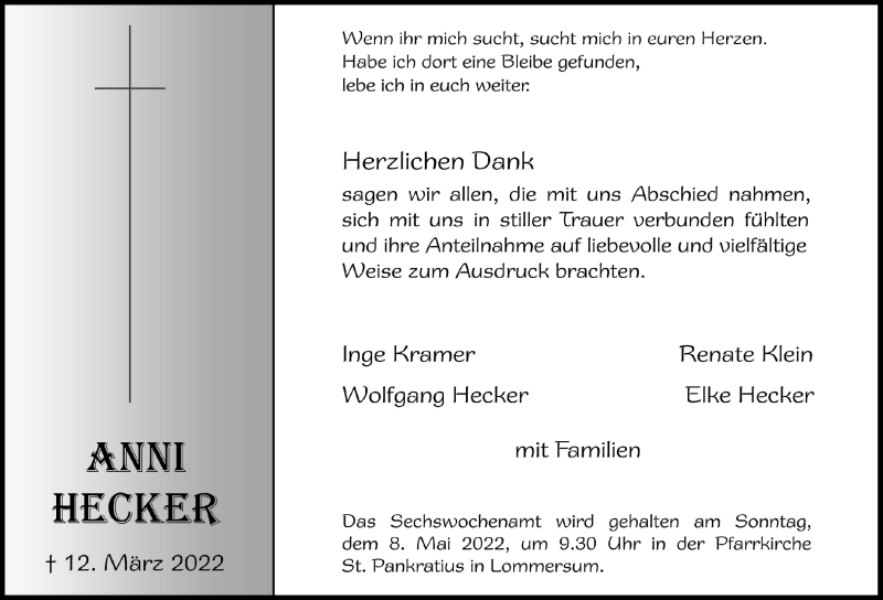  Traueranzeige für Anni Hecker vom 23.04.2022 aus  Blickpunkt Euskirchen 