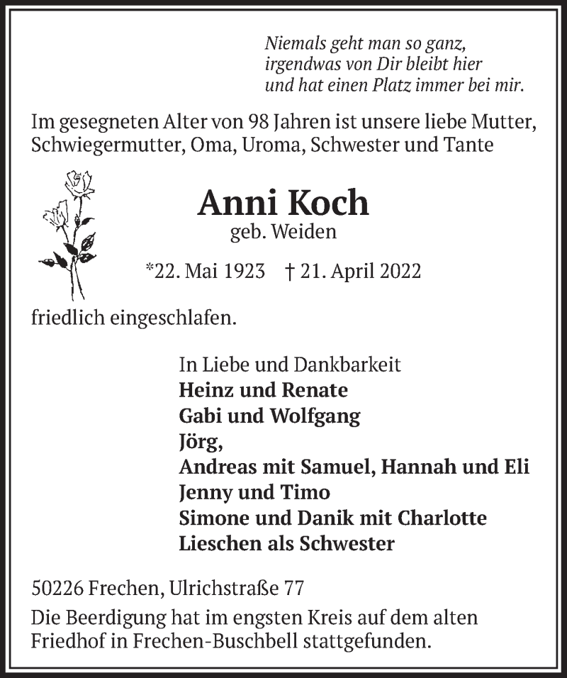  Traueranzeige für Anni Koch vom 29.04.2022 aus  Wochenende 