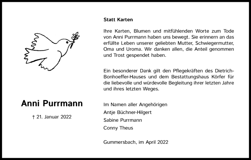  Traueranzeige für Anni Purrmann vom 02.04.2022 aus Kölner Stadt-Anzeiger / Kölnische Rundschau / Express