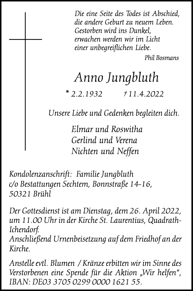  Traueranzeige für Anno Jungbluth vom 23.04.2022 aus Kölner Stadt-Anzeiger / Kölnische Rundschau / Express