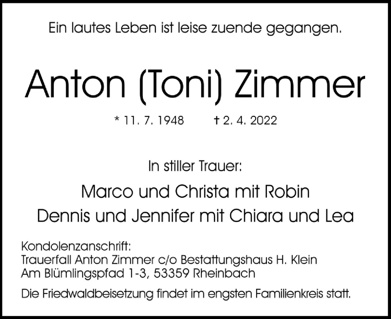  Traueranzeige für Anton Zimmer vom 08.04.2022 aus  Schaufenster/Blickpunkt 