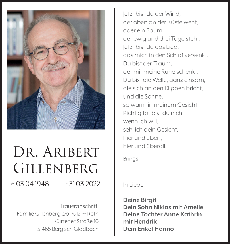  Traueranzeige für Aribert Gillenberg vom 16.04.2022 aus Kölner Stadt-Anzeiger / Kölnische Rundschau / Express