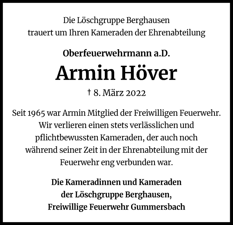  Traueranzeige für Armin Höver vom 02.04.2022 aus Kölner Stadt-Anzeiger / Kölnische Rundschau / Express