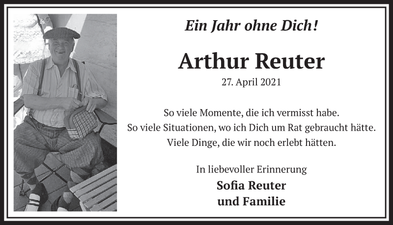  Traueranzeige für Arthur Reuter vom 22.04.2022 aus  Werbepost 