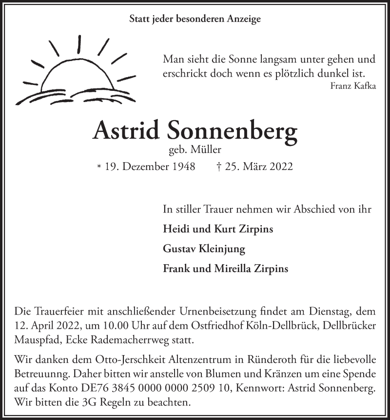  Traueranzeige für Astrid Sonnenberg vom 14.04.2022 aus  Anzeigen Echo 