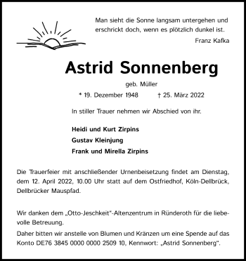 Anzeige von Astrid Sonnenberg von Kölner Stadt-Anzeiger / Kölnische Rundschau / Express