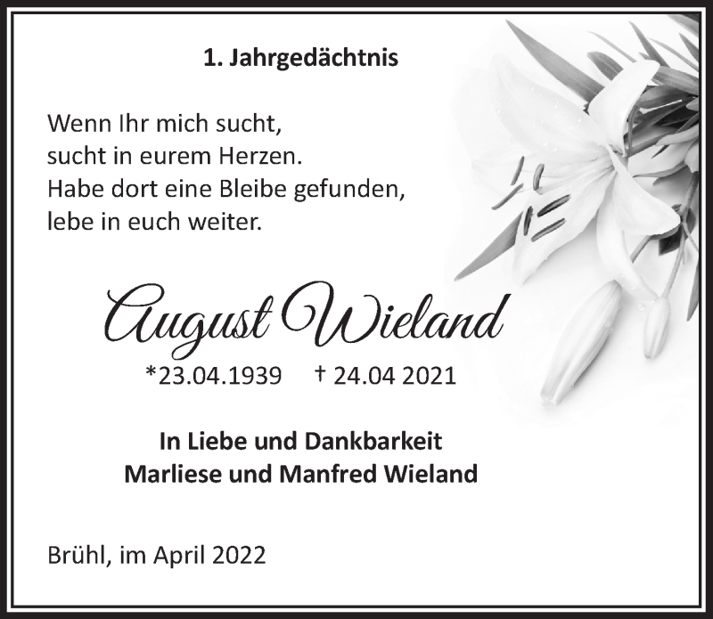 Traueranzeige für August Wieland vom 22.04.2022 aus  Schlossbote/Werbekurier 
