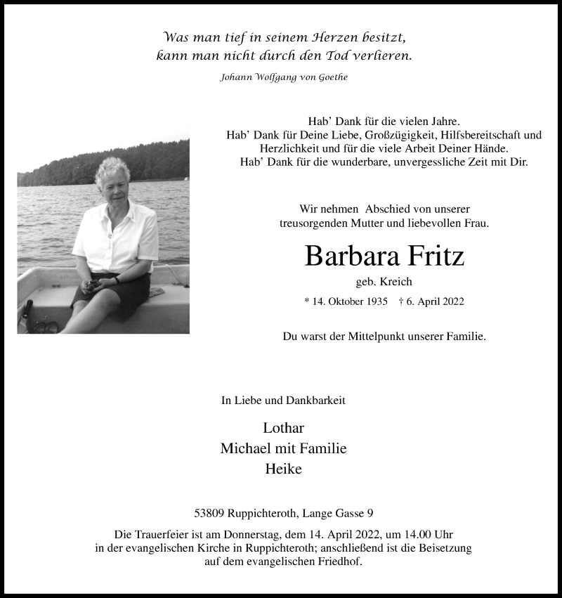  Traueranzeige für Barbara Fritz vom 09.04.2022 aus Kölner Stadt-Anzeiger / Kölnische Rundschau / Express