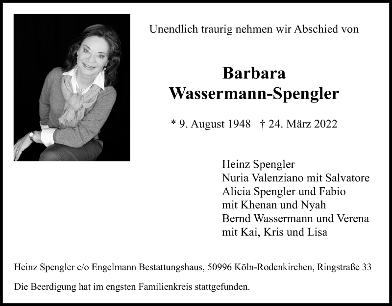  Traueranzeige für Barbara Wassermann-Spengler vom 16.04.2022 aus Kölner Stadt-Anzeiger / Kölnische Rundschau / Express