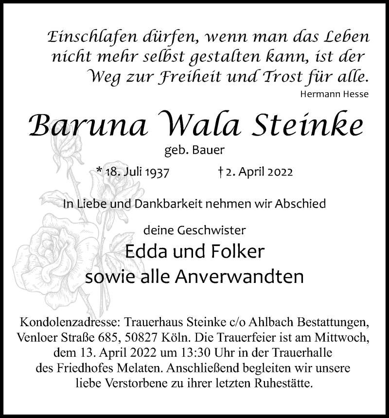  Traueranzeige für Baruna Wala Steinke vom 09.04.2022 aus Kölner Stadt-Anzeiger / Kölnische Rundschau / Express