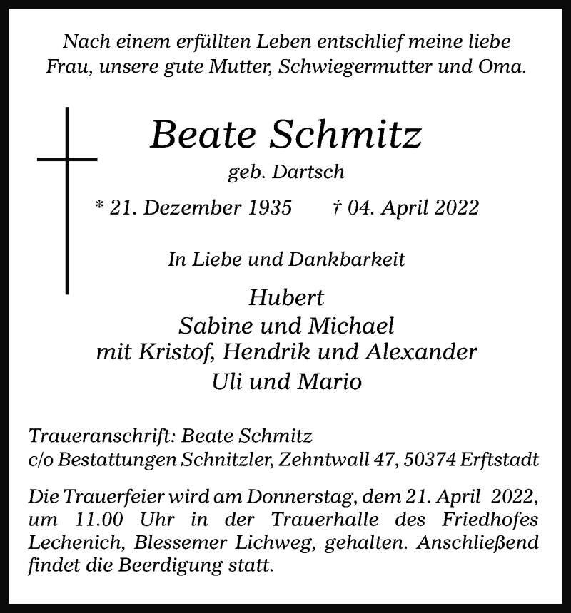  Traueranzeige für Beate Schmitz vom 09.04.2022 aus Kölner Stadt-Anzeiger / Kölnische Rundschau / Express