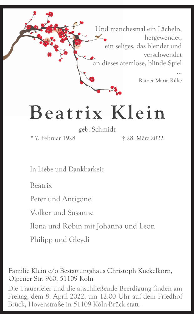  Traueranzeige für Beatrix Klein vom 02.04.2022 aus Kölner Stadt-Anzeiger / Kölnische Rundschau / Express
