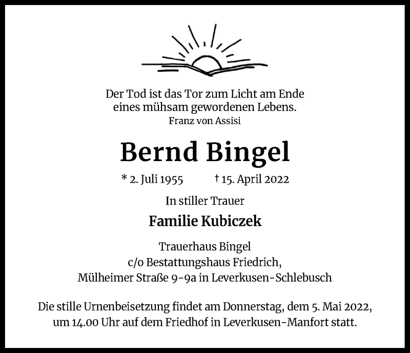  Traueranzeige für Bernd Bingel vom 23.04.2022 aus Kölner Stadt-Anzeiger / Kölnische Rundschau / Express