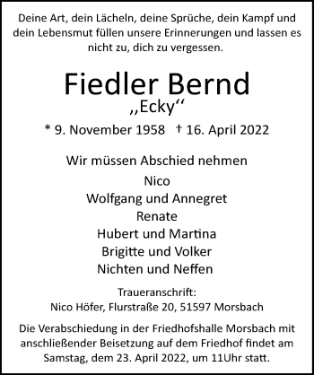 Anzeige von Bernd Fiedler von  Lokalanzeiger 