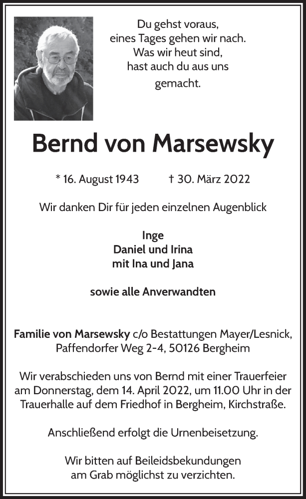 Traueranzeige für Bernd von Marsewsky vom 08.04.2022 aus  Werbepost 