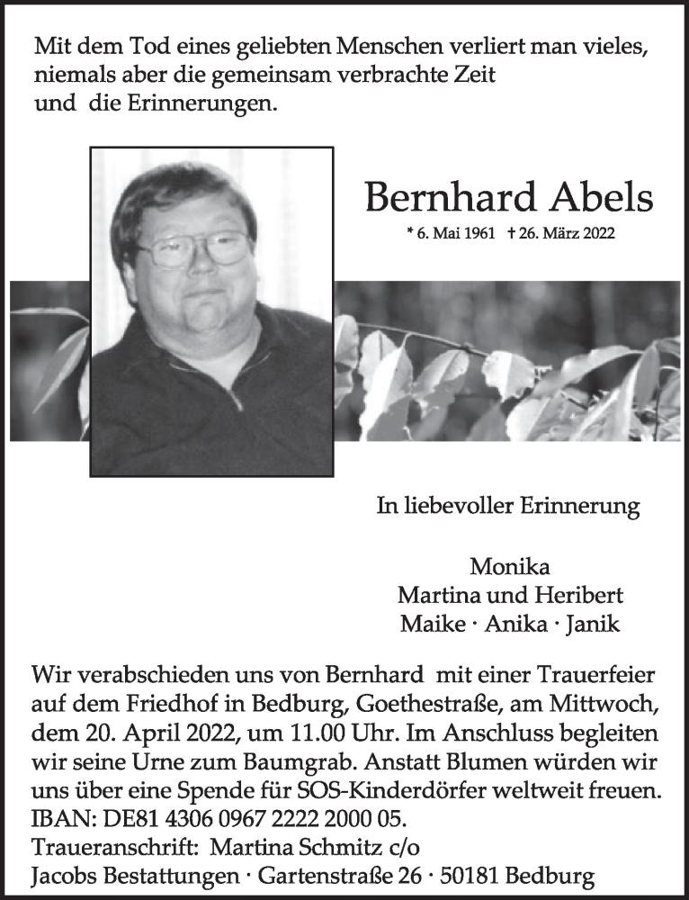  Traueranzeige für Bernhard Abels vom 14.04.2022 aus  Werbepost 