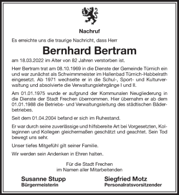 Anzeige von Bernhard Bertram von  Wochenende 