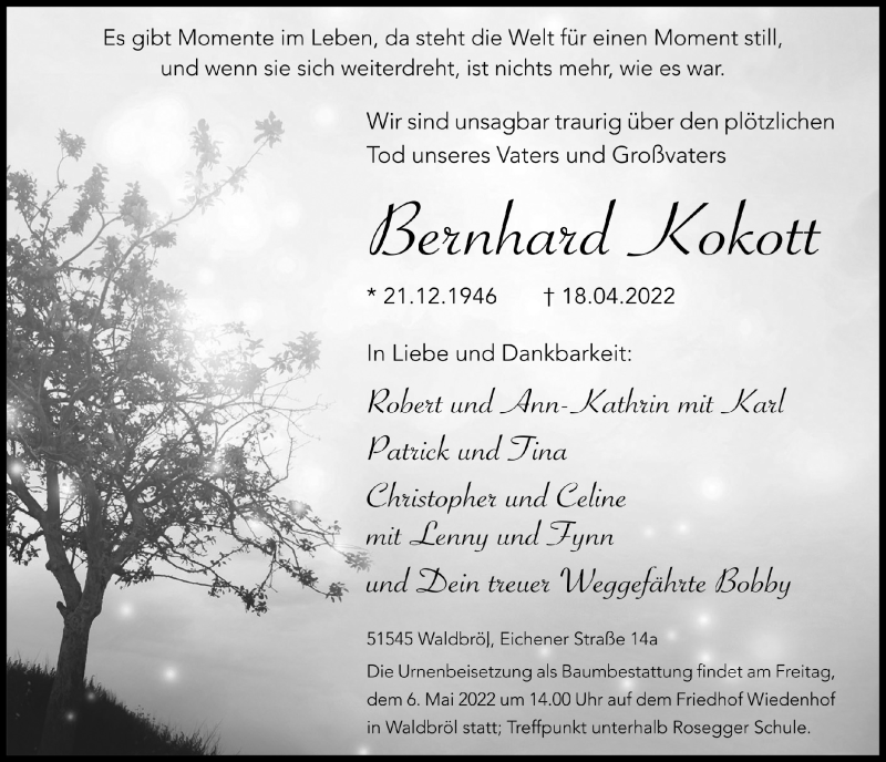  Traueranzeige für Bernhard Kokott vom 29.04.2022 aus  Lokalanzeiger 