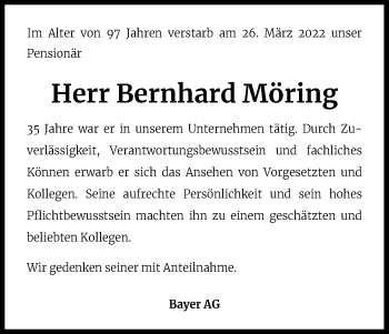 Anzeige von Bernhard Möring von Kölner Stadt-Anzeiger / Kölnische Rundschau / Express
