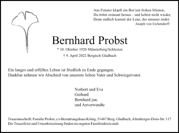 Anzeige von Bernhard Probst von Kölner Stadt-Anzeiger / Kölnische Rundschau / Express
