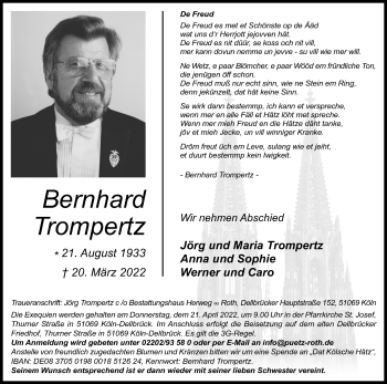 Anzeige von Bernhard Trompertz von Kölner Stadt-Anzeiger / Kölnische Rundschau / Express