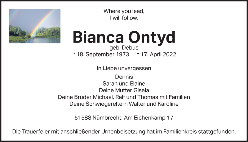 Traueranzeige für Bianca Ontyd vom 29.04.2022 aus  Lokalanzeiger 