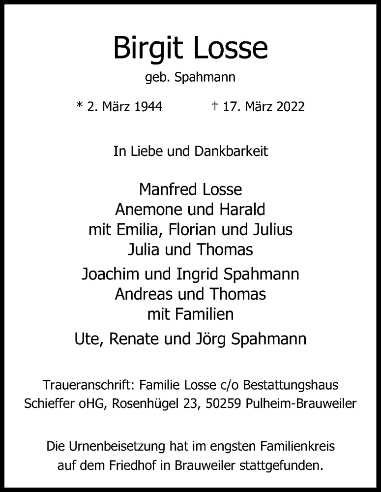  Traueranzeige für Birgit Losse vom 02.04.2022 aus Kölner Stadt-Anzeiger / Kölnische Rundschau / Express