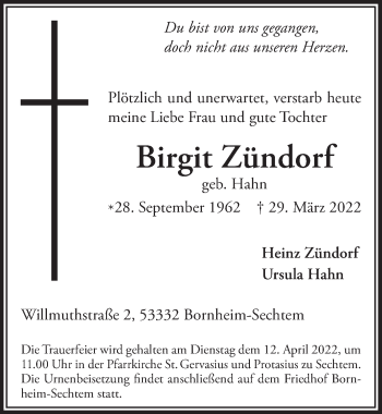 Anzeige von Birgit Zündorf von  Schlossbote/Werbekurier 