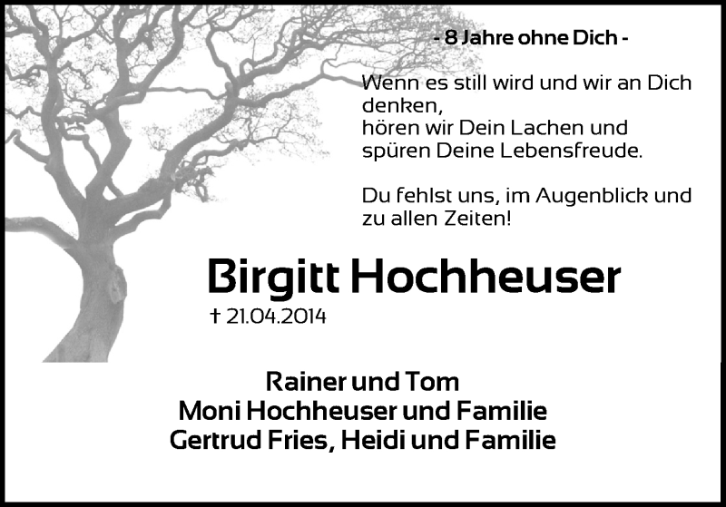  Traueranzeige für Birgitt Hochheuser vom 21.04.2022 aus Kölner Stadt-Anzeiger / Kölnische Rundschau / Express