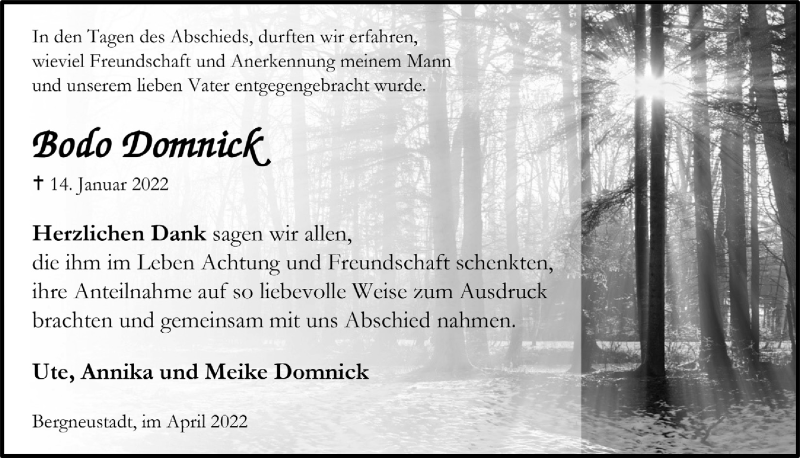  Traueranzeige für Bodo Domnick vom 29.04.2022 aus  Anzeigen Echo 