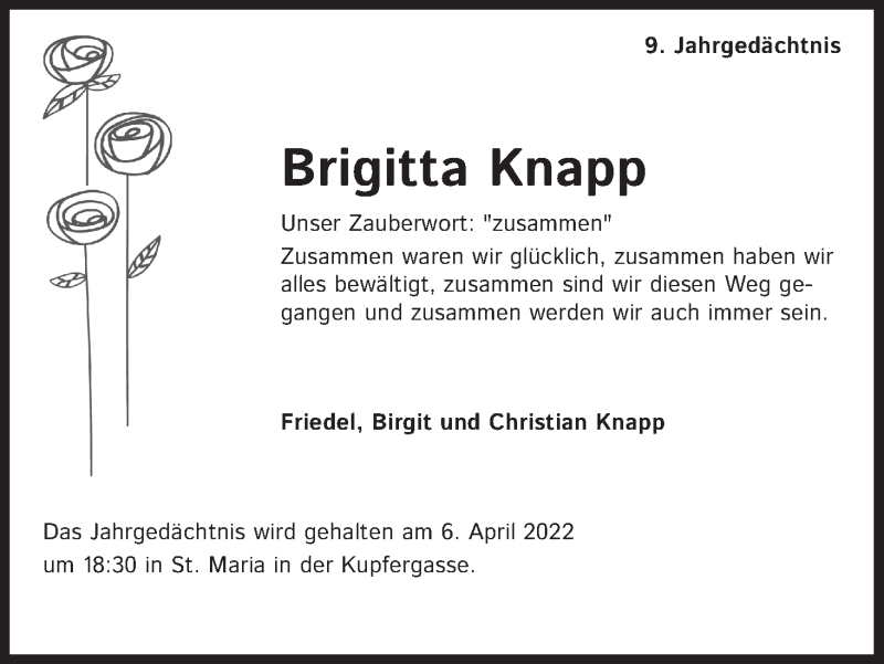  Traueranzeige für Brigitta Knapp vom 02.04.2022 aus Kölner Stadt-Anzeiger / Kölnische Rundschau / Express