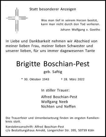 Anzeige von Brigitte Boschian-Pest von Kölner Stadt-Anzeiger / Kölnische Rundschau / Express