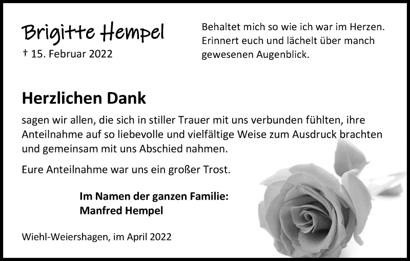 Traueranzeige für Brigitte Hempel vom 09.04.2022 aus Kölner Stadt-Anzeiger / Kölnische Rundschau / Express