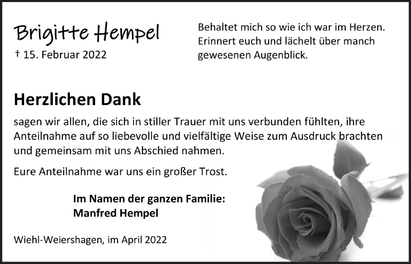  Traueranzeige für Brigitte Hempel vom 08.04.2022 aus  Anzeigen Echo 