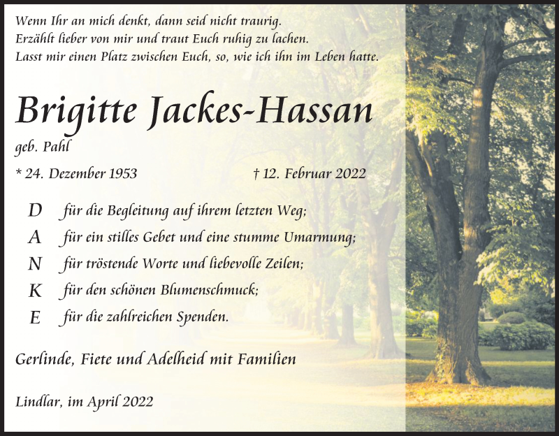  Traueranzeige für Brigitte Jackes-Hassan vom 02.04.2022 aus Kölner Stadt-Anzeiger / Kölnische Rundschau / Express
