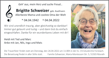 Anzeige von Brigitte Schweizer von Kölner Stadt-Anzeiger / Kölnische Rundschau / Express