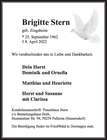 Anzeige von Brigitte Stern von  Wochenende 