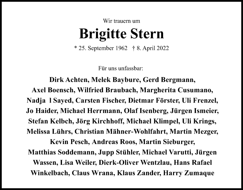  Traueranzeige für Brigitte Stern vom 30.04.2022 aus Kölner Stadt-Anzeiger / Kölnische Rundschau / Express