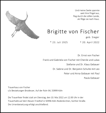 Anzeige von Brigitte von Fischer von Kölner Stadt-Anzeiger / Kölnische Rundschau / Express