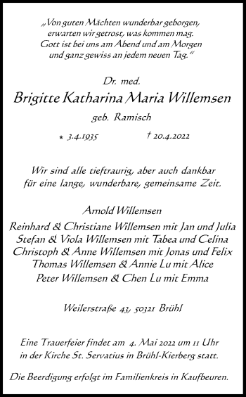 Anzeige von Brigitte Willemsen von Kölner Stadt-Anzeiger / Kölnische Rundschau / Express