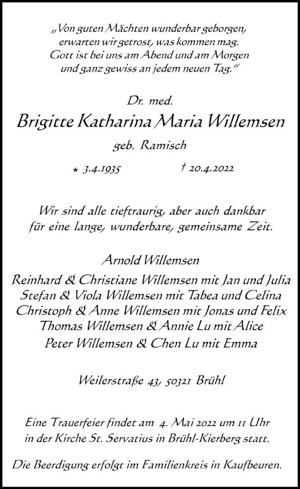  Traueranzeige für Brigitte Willemsen vom 29.04.2022 aus  Schlossbote/Werbekurier 