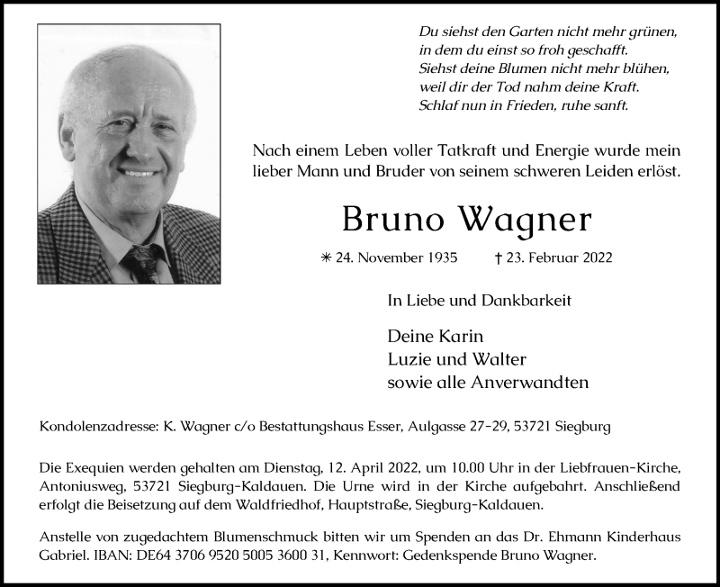  Traueranzeige für Bruno Wagner vom 08.04.2022 aus Kölner Stadt-Anzeiger / Kölnische Rundschau / Express
