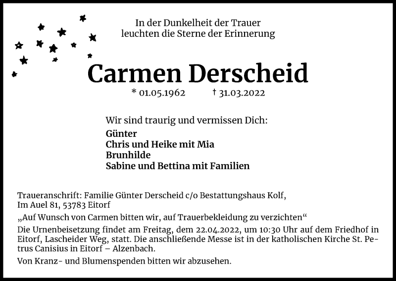  Traueranzeige für Carmen Derscheid vom 09.04.2022 aus Kölner Stadt-Anzeiger / Kölnische Rundschau / Express