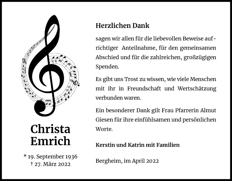  Traueranzeige für Christa Emrich vom 16.04.2022 aus Kölner Stadt-Anzeiger / Kölnische Rundschau / Express