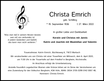 Anzeige von Christa Emrich von Kölner Stadt-Anzeiger / Kölnische Rundschau / Express